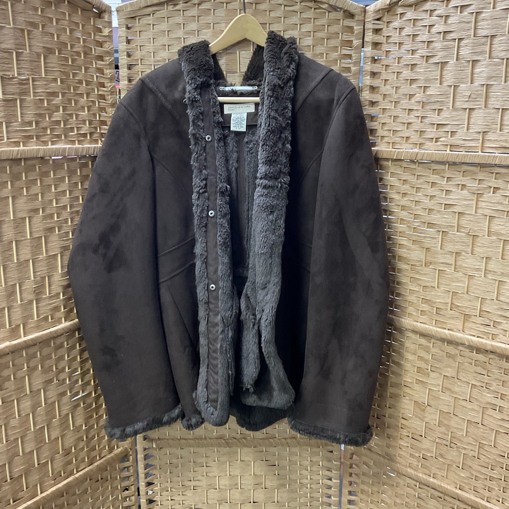 Jones New York Dark Brown Shearling-Trim Suede Jacket